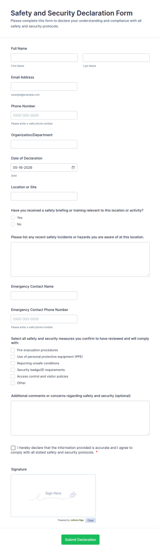 Safety And Security Declaration Form Template