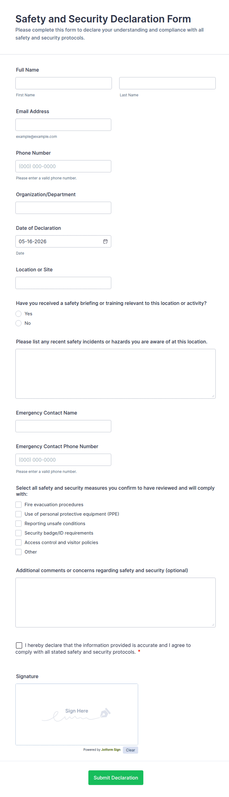 Consignment Security Declaration Template.pdf Safety and Security Declaration Form Template | Jotform