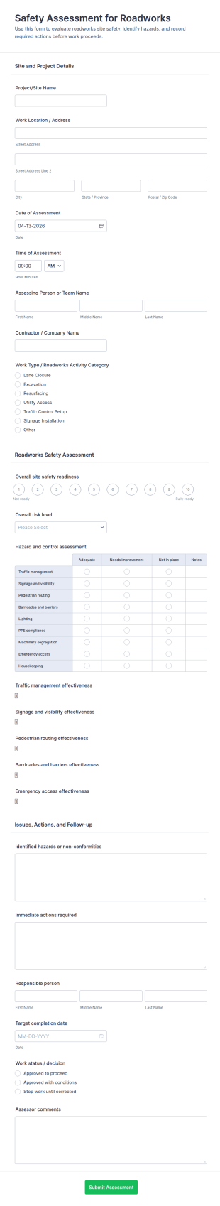 Safety Assessment For Roadworks Form Template