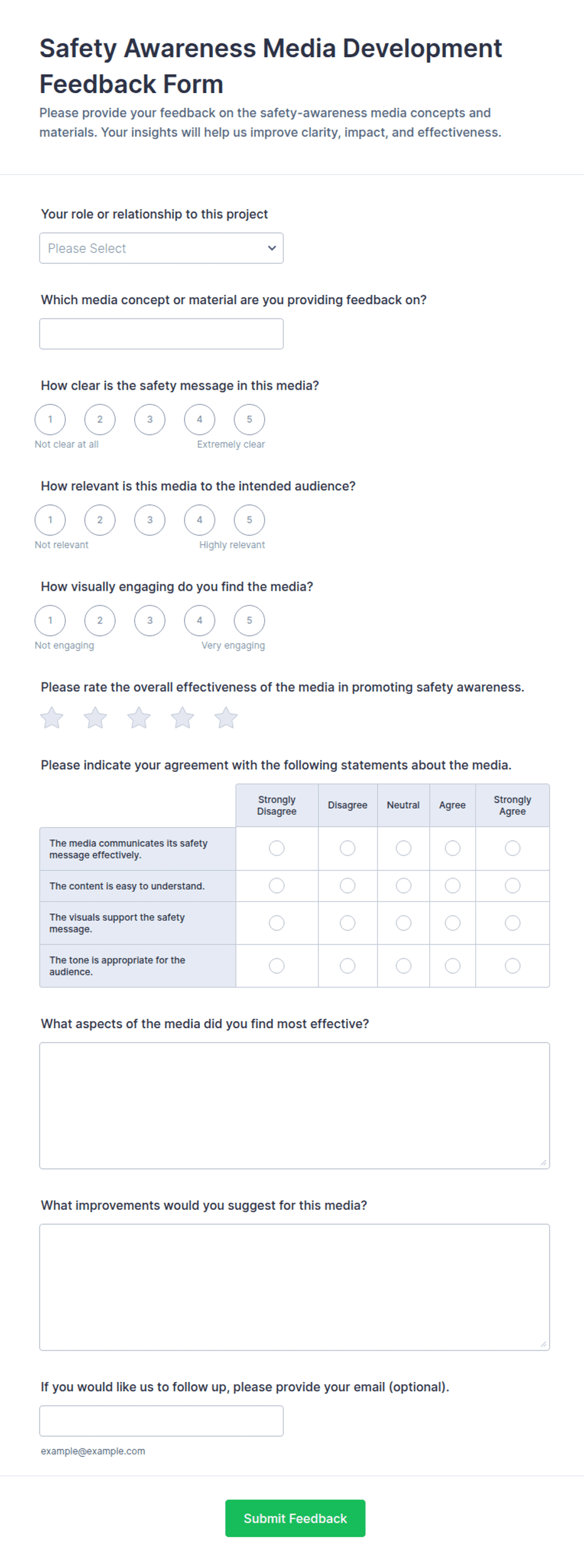 Safety Awareness Media Development Feedback Form Template | Jotform