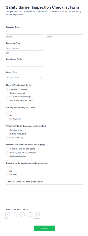 Safety Barrier Inspection Checklist Form Template