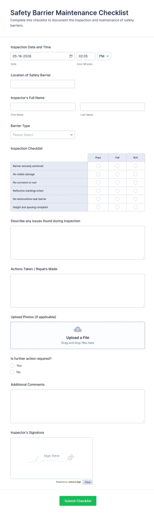 Safety Barrier Maintenance Checklist Form Template