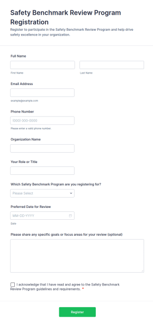 Safety Benchmark Review Program Registration Form Template
