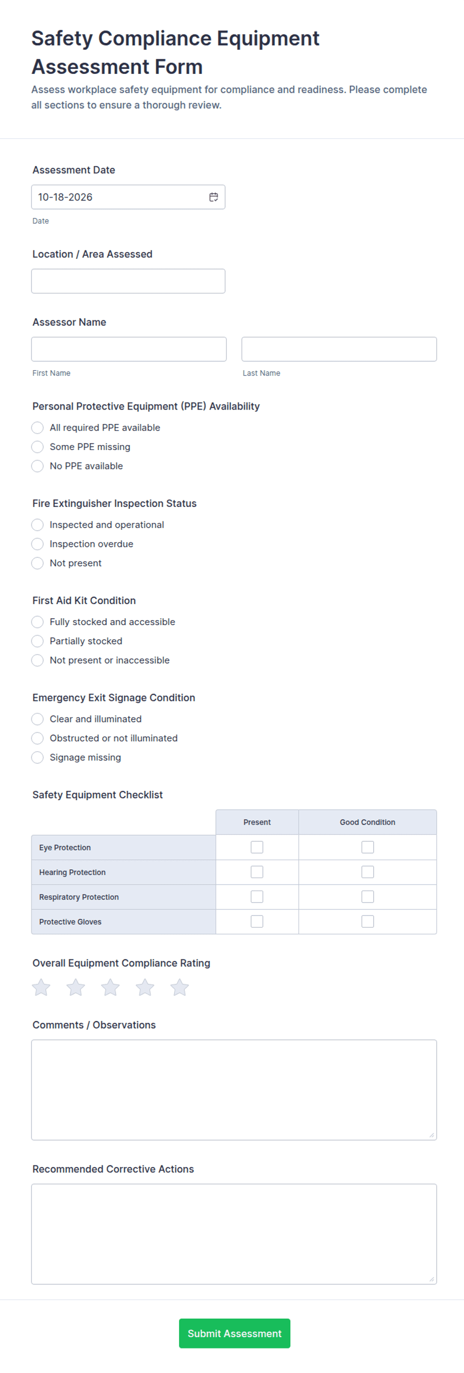 Safety Compliance Equipment Assessment Form Template | Jotform
