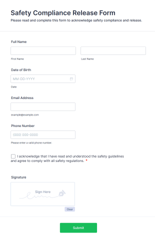 Safety Compliance Release Form Form Template