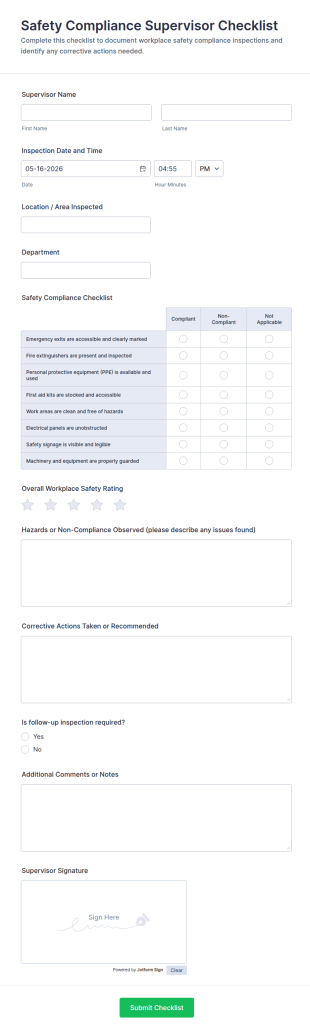 Safety Compliance Supervisor Checklist Form Template