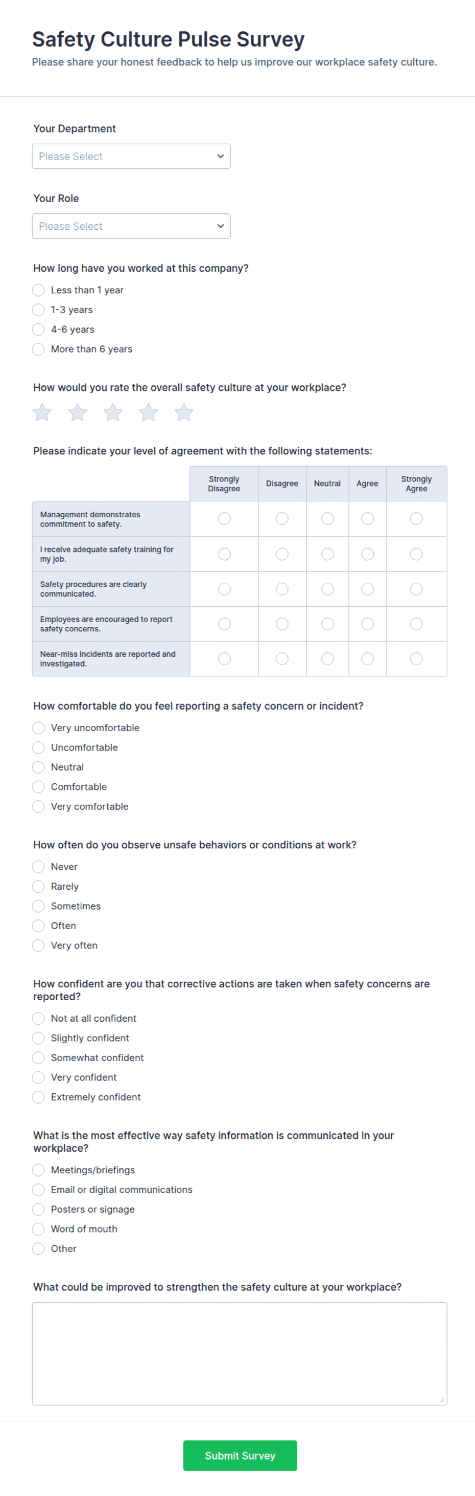 Safety Culture Pulse Survey Form Template | Jotform