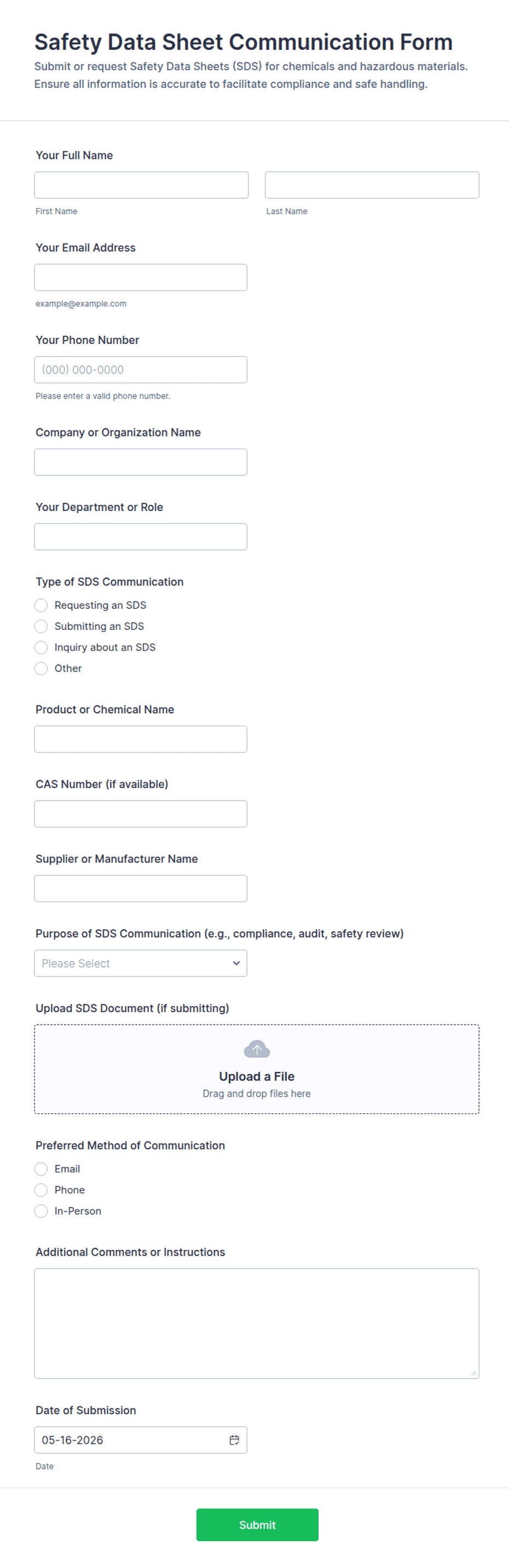 Safety Data Sheet Communication Form Template | Jotform