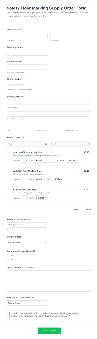 Safety Floor Marking Supply Order Form Template