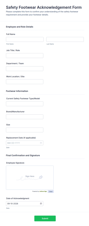 Safety Footwear Acknowledgement Form Template