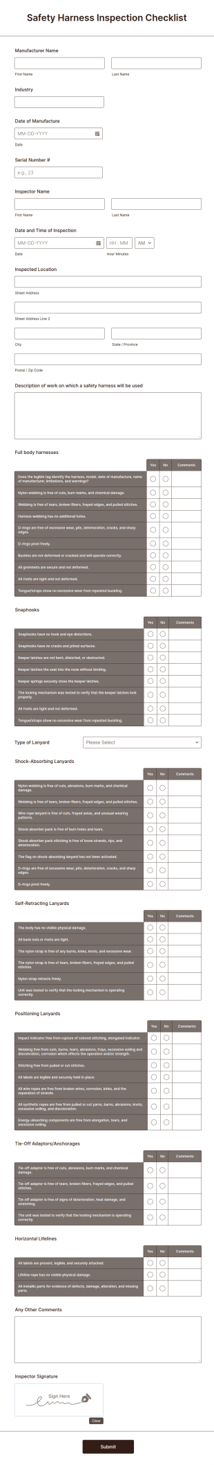Safety Harness Inspection Checklist Form Template