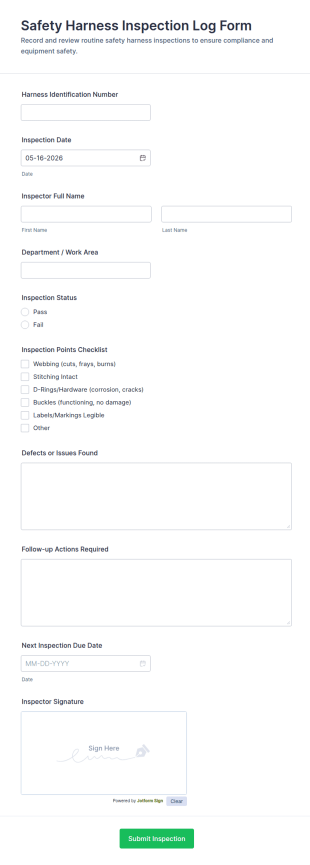 Safety Harness Inspection Log Form Template