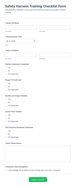Safety Harness Training Checklist Form Template