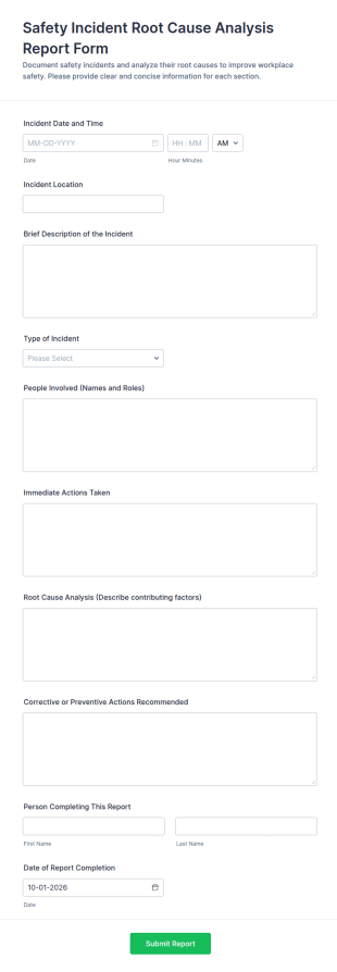 Safety Incident Root Cause Analysis Report Form Template