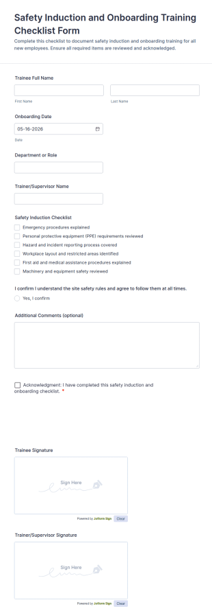 Safety Induction And Onboarding Training Checklist Form Template