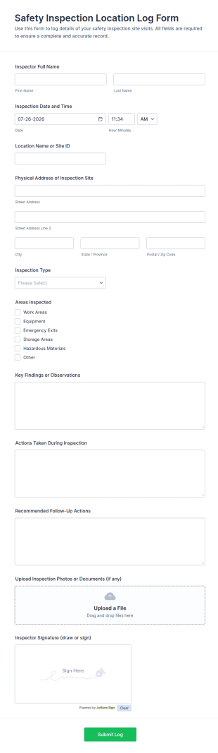 Safety Inspection Location Log Form Template