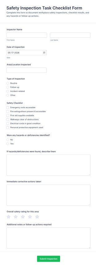 Safety Inspection Task Checklist Form Template