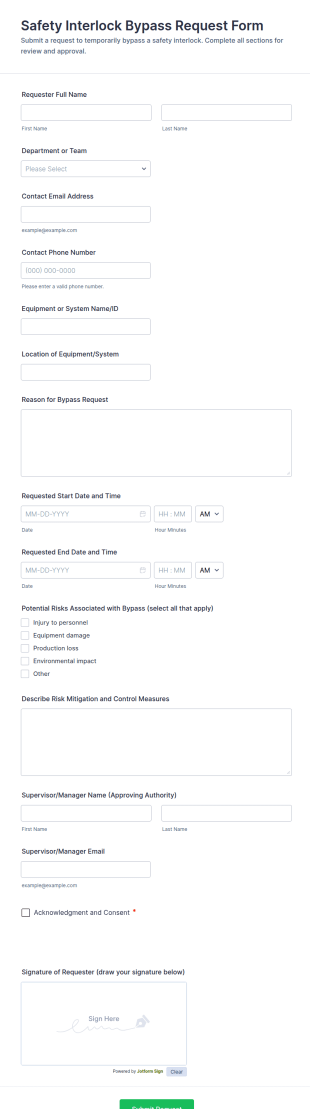 Safety Interlock Bypass Request Form Template