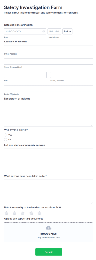 Safety Investigation Form Template