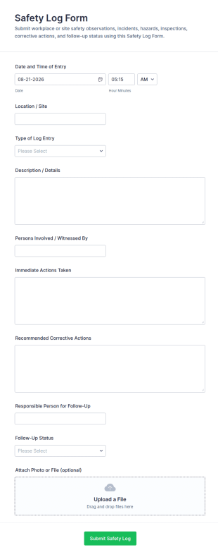 Safety Log Form Template
