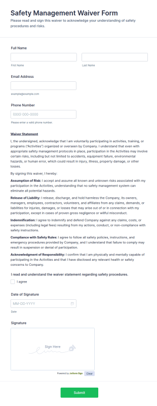 Safety Management Waiver Form Template