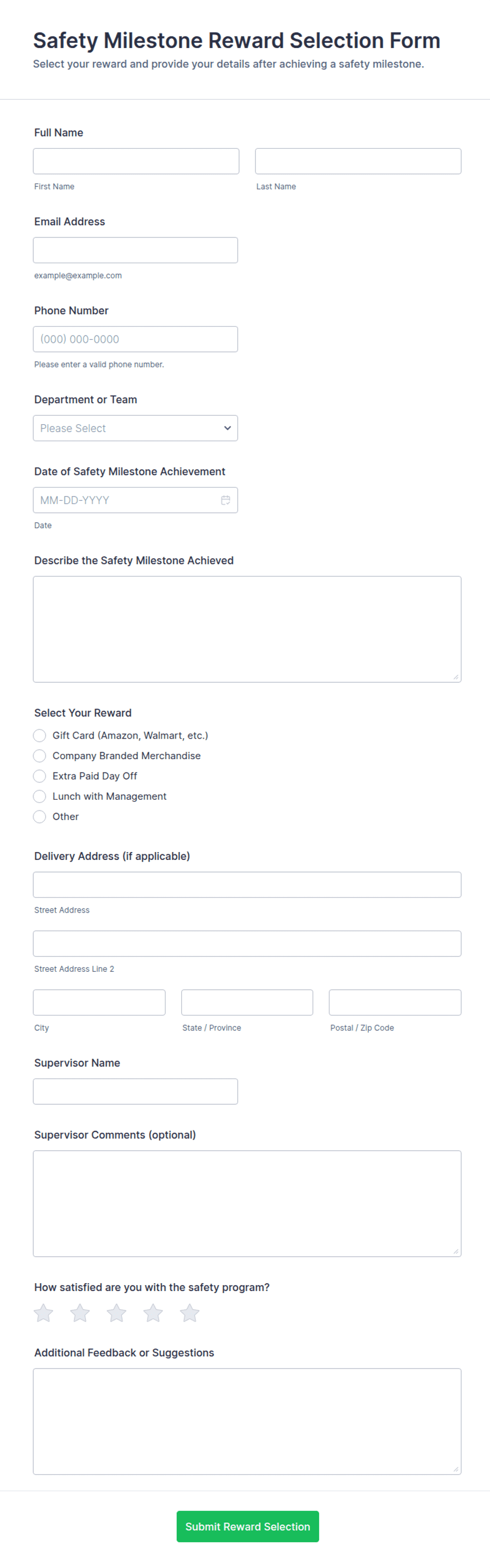 Safety Milestone Reward Selection Form Template | Jotform
