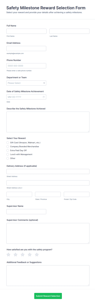 Safety Milestone Reward Selection Form Template
