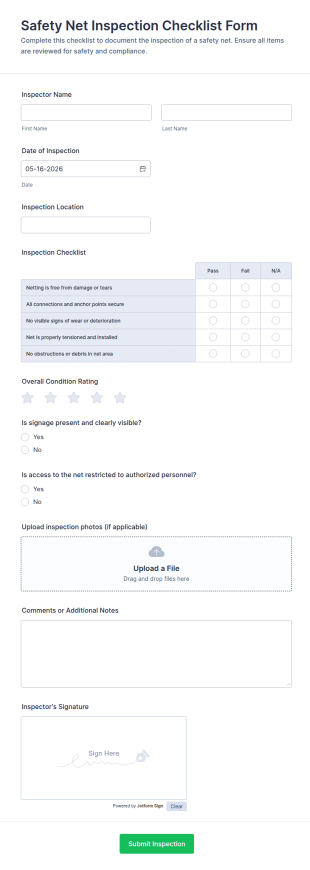 Safety Net Inspection Checklist Form Template
