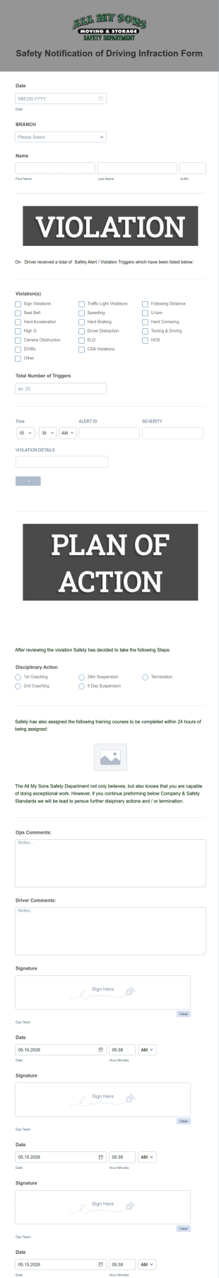 Safety Notification Of Driver Infraction Form Template