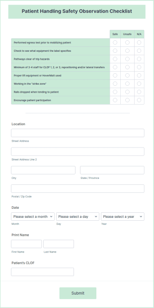Safety Observation Checklist Form Template