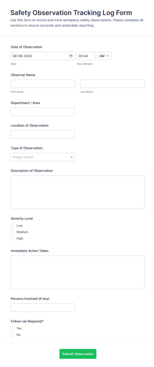 Safety Observation Tracking Log Form Template