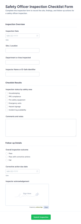 Safety Officer Inspection Checklist Form Template