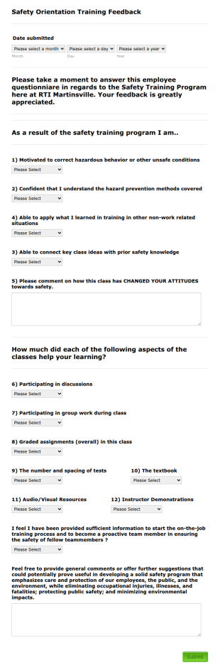 Safety Orientation Training Feedback Form Template