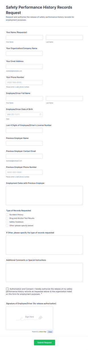 Safety Performance History Records Request Form Template