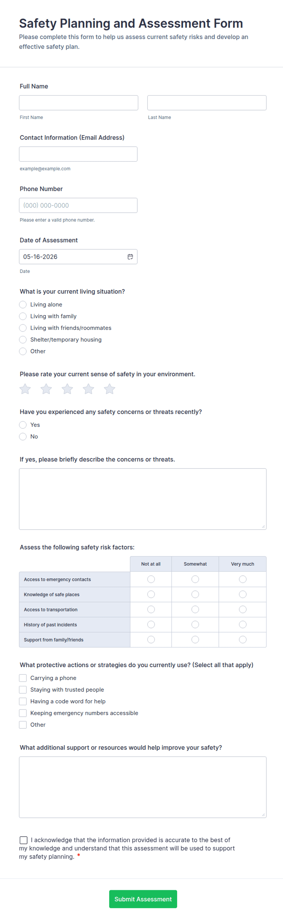 Safety Planning and Assessment Form Template | Jotform