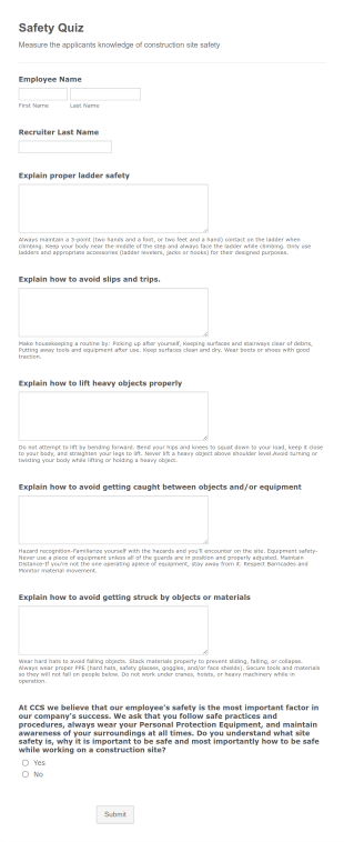 Construction Safety Quiz Form Template