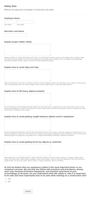 Construction Safety Quiz Form Template