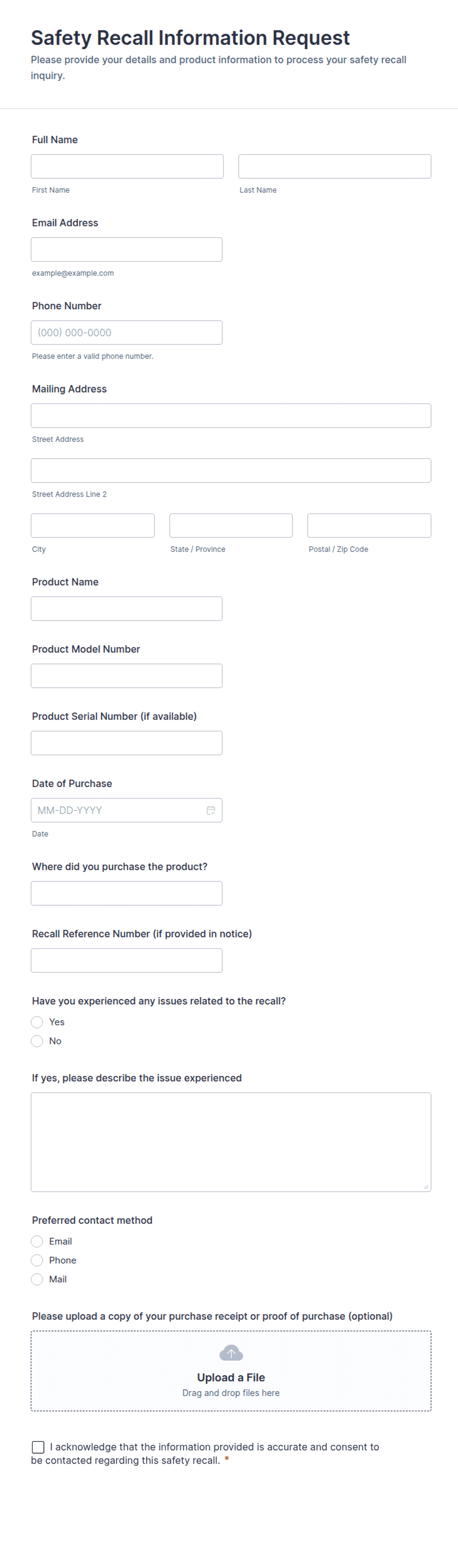 Safety Recall Information Request Form Template | Jotform