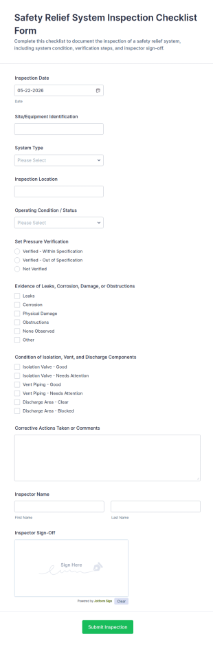 Safety Relief System Inspection Checklist Form Template
