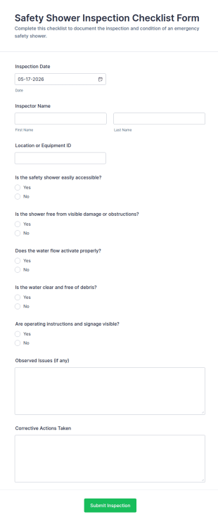 Safety Shower Inspection Checklist Form Template