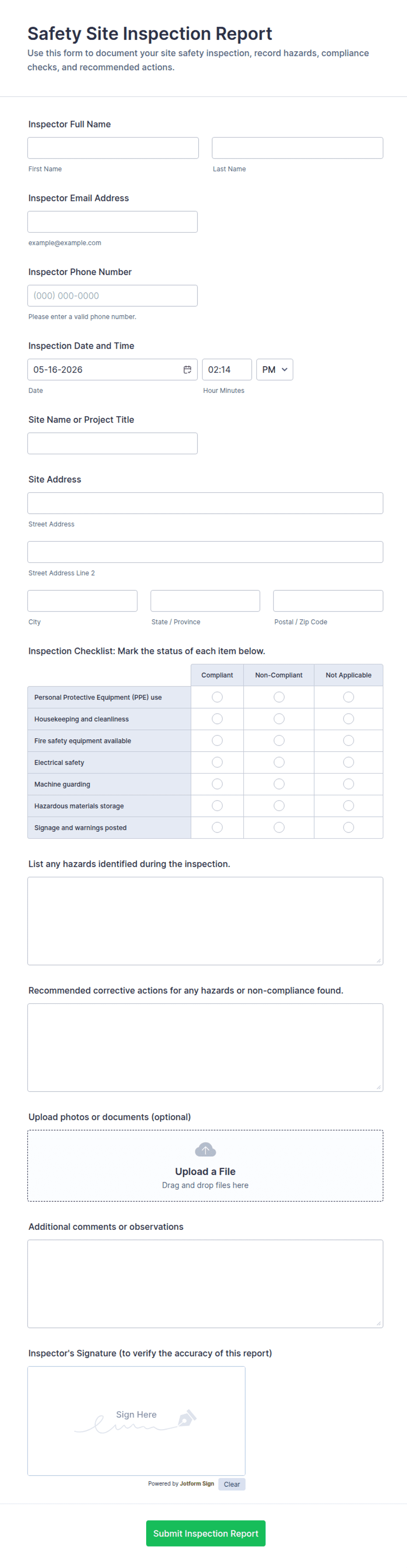 Safety Site Inspection Report Form Template | Jotform