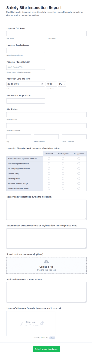 Safety Site Inspection Report Form Template