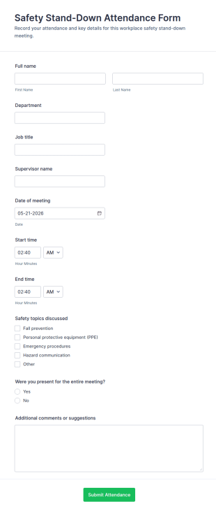 Safety Stand Down Attendance Form Template