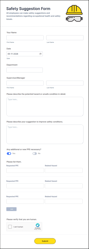 Safety Suggestion Form Template