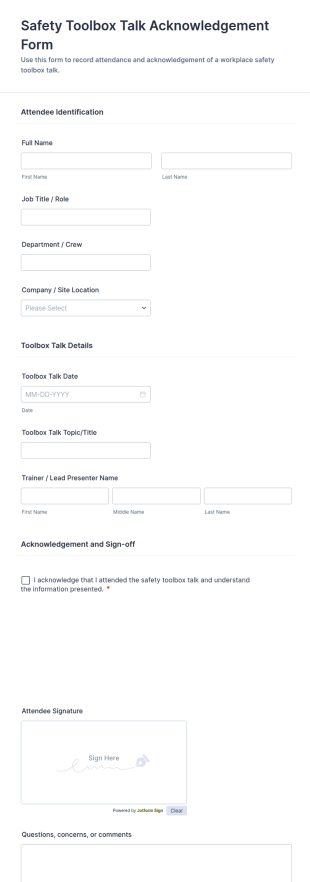 Safety Toolbox Talk Acknowledgement Form Template