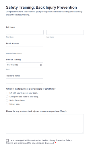 Safety Training: Back Injury Prevention Form Template