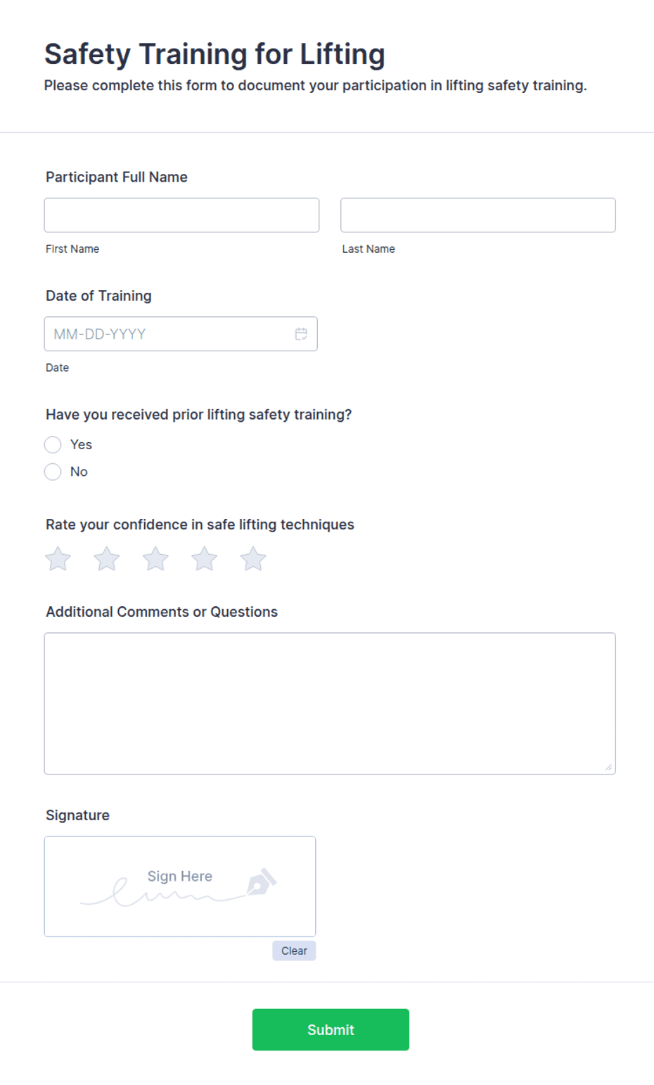 High Risk Training Form Safety Training for Lifting Form Template | Jotform