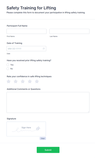 Safety Training For Lifting Form Template