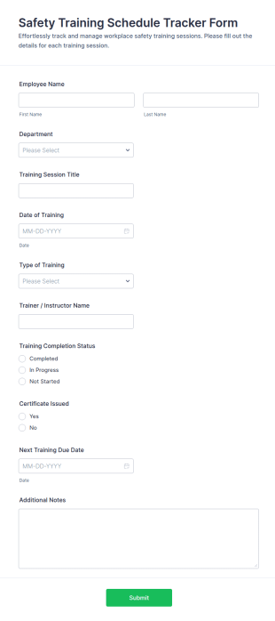 Safety Training Schedule Tracker Form Template