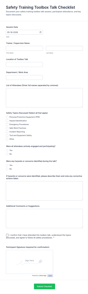 Safety Training Toolbox Talk Checklist Form Template